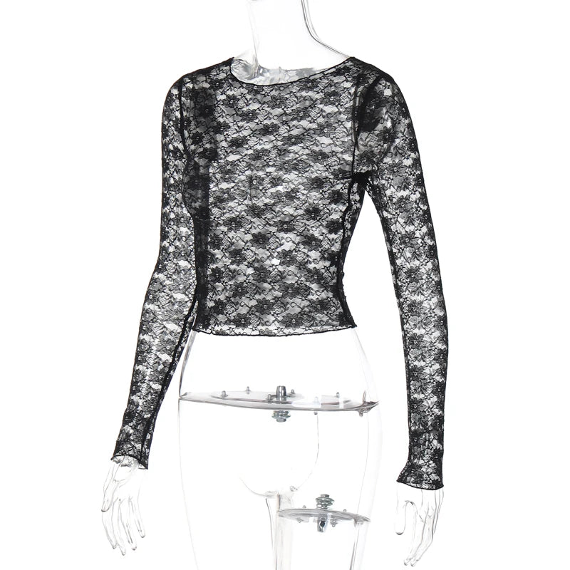 Dulzura Long Sleeve See-Through Lace Crop Top – Sexy Solid Bodycon T-Shirt for Women – Perfect for Party & Club – Autumn/Winter Fashion