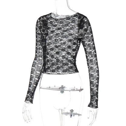 Dulzura Long Sleeve See-Through Lace Crop Top – Sexy Solid Bodycon T-Shirt for Women – Perfect for Party & Club – Autumn/Winter Fashion