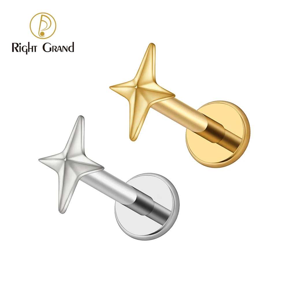 Right Grand ASTM F136 Titanium 16G Four-Pointed Star Cartilage Stud Earring – Helix, Tragus, Flatback Labret & Nose Piercing Jewelry