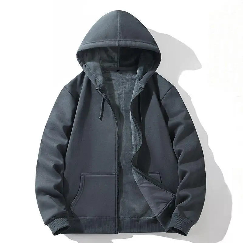 Zipper Hooded Sweatshirt – Autumn Winter Fleece-Lined Cotton Cardigan for Men & Women, Solid Color Y2K Style