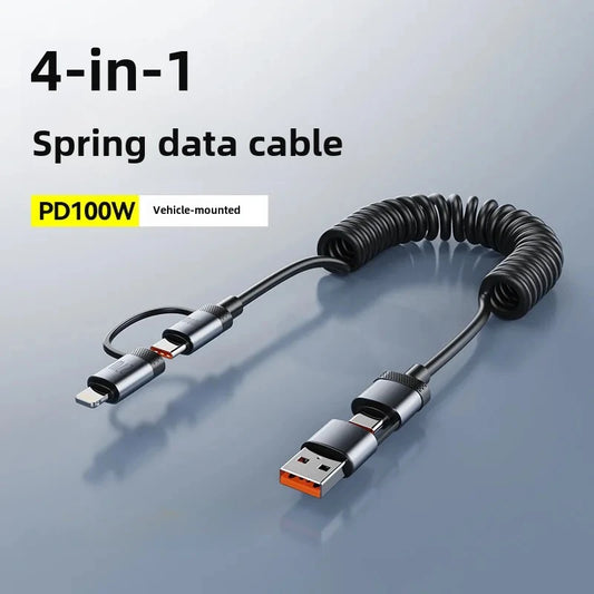 100W Dual Drag Spring USB Type-C Cable – 6A Fast Charging for iPhone 16, Huawei, Samsung S25, 4-in-1 Extendable Cord