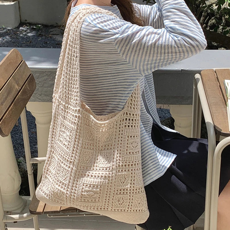 Women’s Crochet Tote Bag - Hollow Knitted Shoulder Handbag for Casual Shopping & Everyday Style