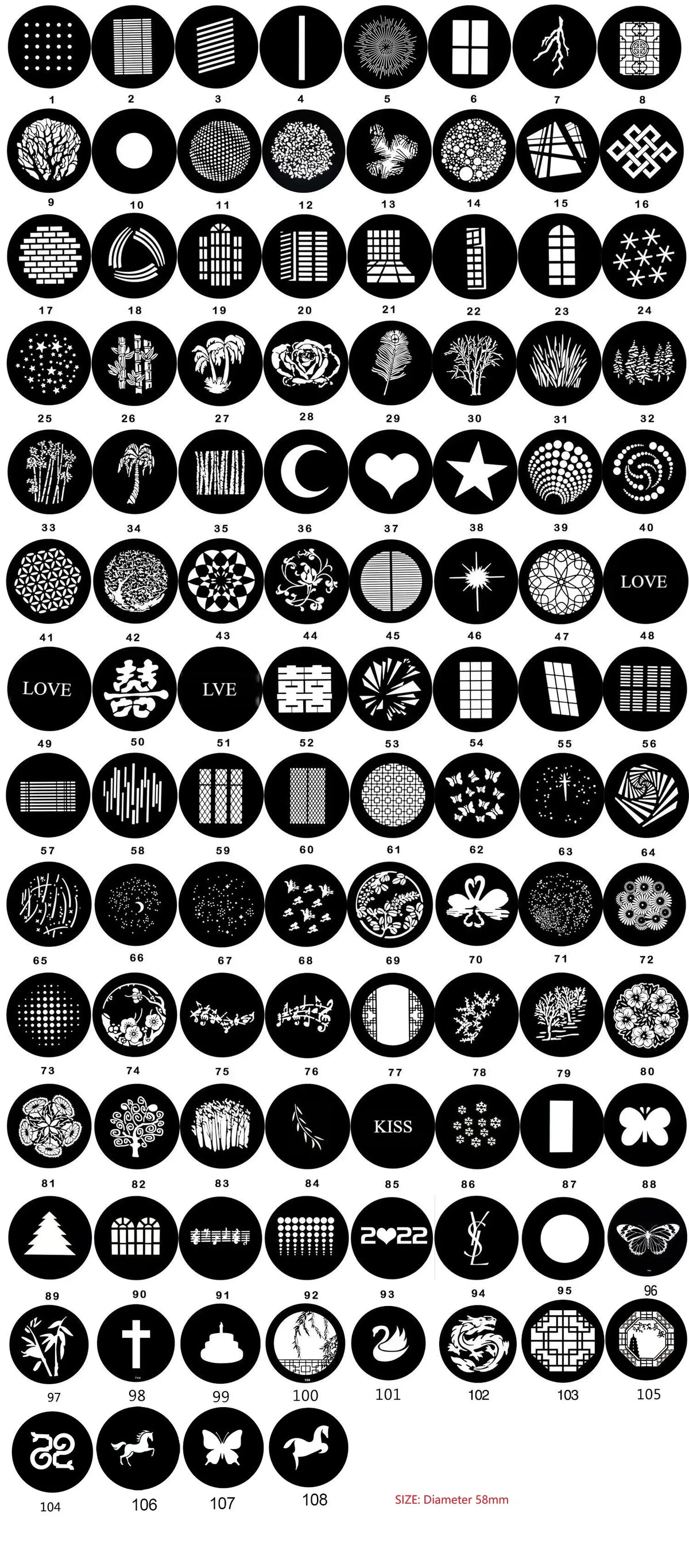 Metal Gobo Light Pattern Set - 1–6pcs 58mm/54mm Diameter Shadow & Background Projection Effects for Photography and Stage Lighting