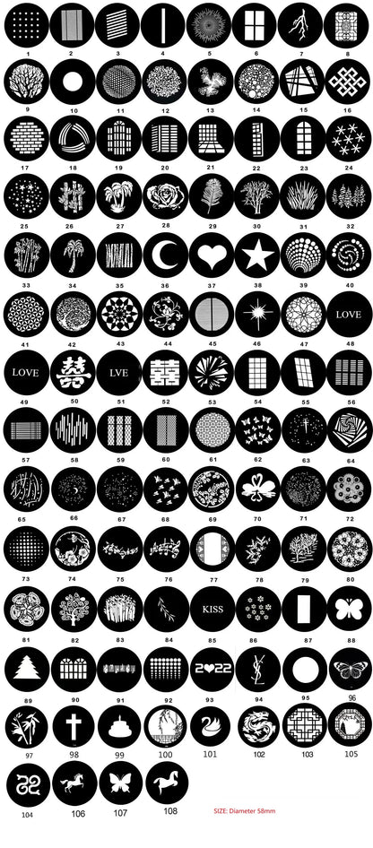 Metal Gobo Light Pattern Set - 1–6pcs 58mm/54mm Diameter Shadow & Background Projection Effects for Photography and Stage Lighting