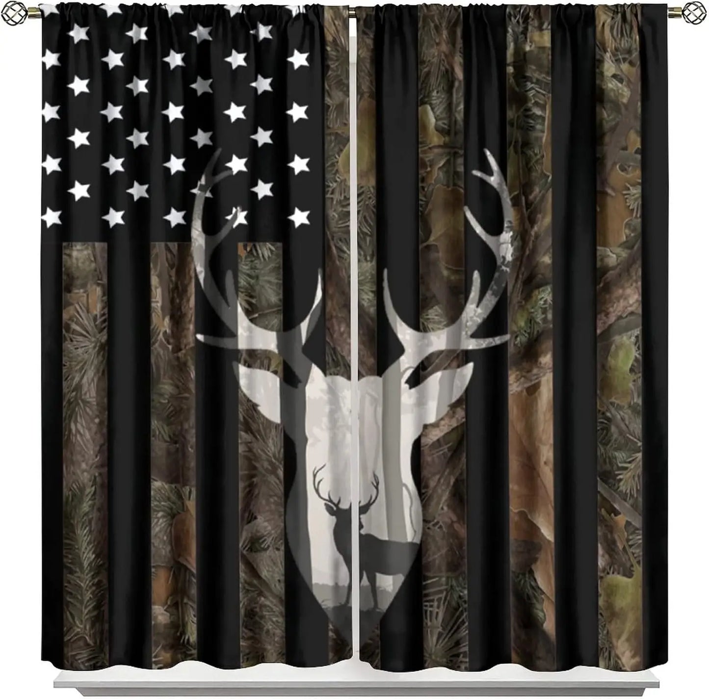 Flag Blackout Curtains – Rustic Green Camo Military USA Flag with Vintage Black Stripes and Thermal Insulation