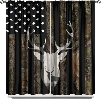 Flag Blackout Curtains – Rustic Green Camo Military USA Flag with Vintage Black Stripes and Thermal Insulation