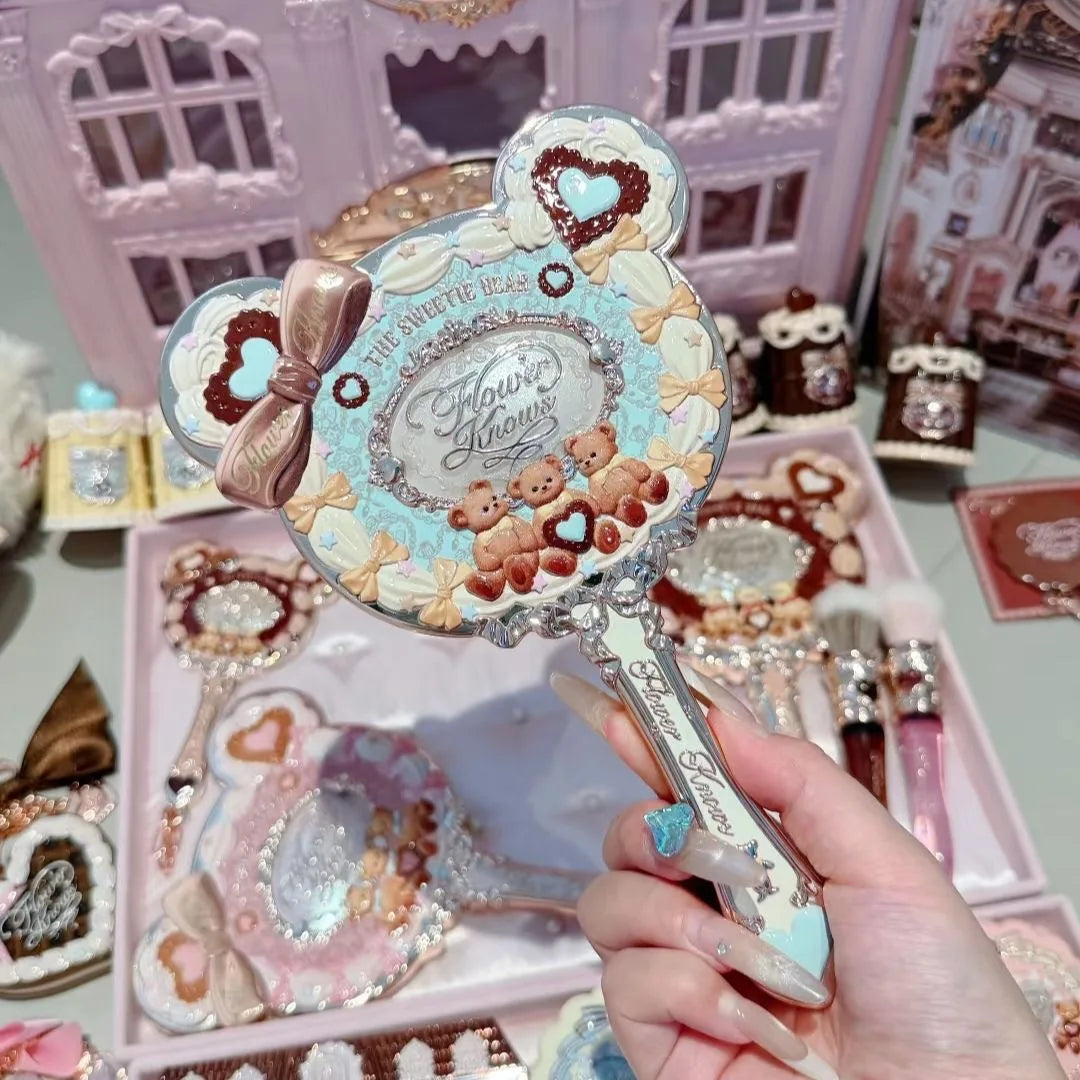 Flower Knows Sweetie Bear Handheld Mirror – 3 Styles, Exquisite Relief Design, Cute HD Makeup Tool