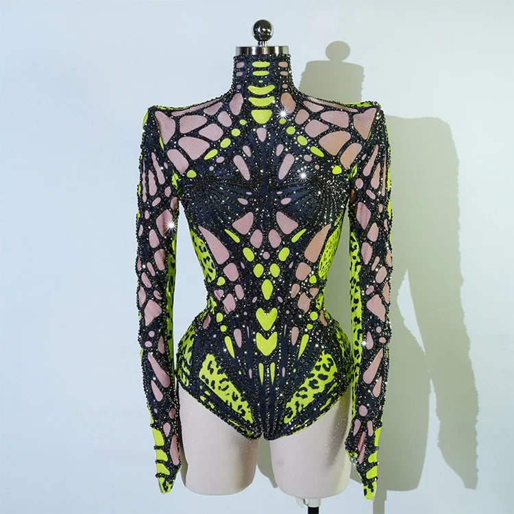 Sexy Sparkly Green Rhinestone Bodysuit – Stage Dance Costume for Party, Bar Show, Drag Queen, Cosplay & Halloween