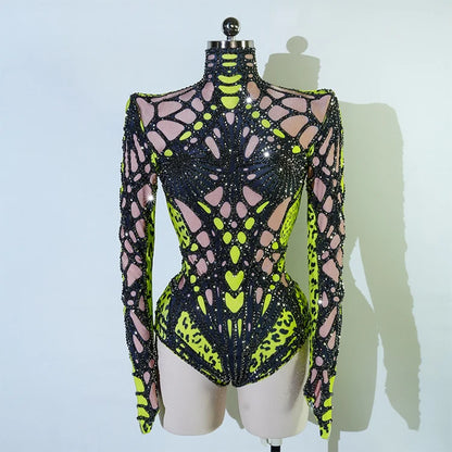 Sexy Sparkly Green Rhinestone Bodysuit – Stage Dance Costume for Party, Bar Show, Drag Queen, Cosplay & Halloween