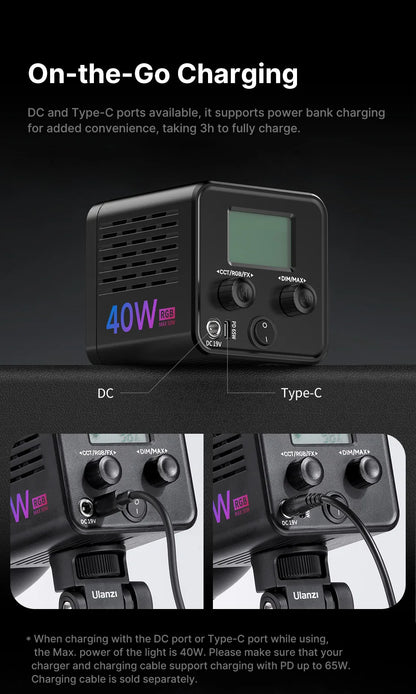 Ulanzi L024 40W RGB Video Light – 2500-6500K Bi-Color, 0-359° RGB COB Light with Mini Bowens Mount & 3400mAh Fill Light