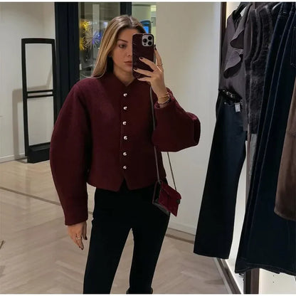 2025 Women's Elegant Long Sleeve Woolen Coat – V-Neck, Single-Breasted Slim Fit Solid Color Office Jacket