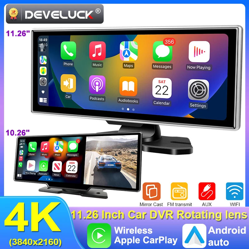 10/11.26" 4K Dash Cam — Dual Lens Car DVR with Wireless CarPlay, Android Auto, GPS & WiFi Video Recorder