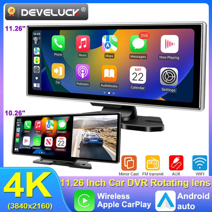 10/11.26" 4K Dash Cam — Dual Lens Car DVR with Wireless CarPlay, Android Auto, GPS & WiFi Video Recorder