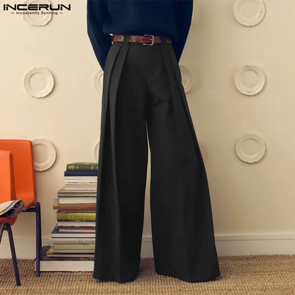INCERUN Men Wide Leg Pants - Loose Pleated Casual Streetwear Button Trousers S-5XL