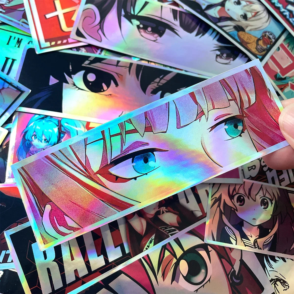 JDM Anime Girl Holographic Stickers - Rainbow Vinyl Decals for Car Windows, Motorcycles, Helmets, and Windshields