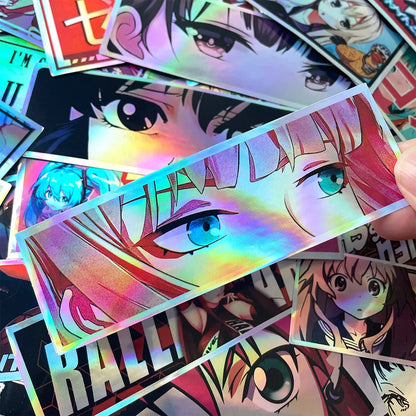 JDM Anime Girl Holographic Stickers - Rainbow Vinyl Decals for Car Windows, Motorcycles, Helmets, and Windshields