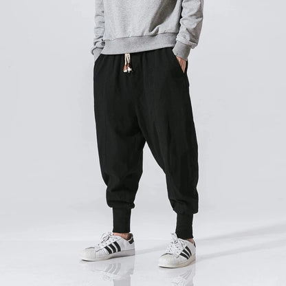 Men’s Cotton Linen Harem Pants – Solid Color Baggy Drop-Crotch Joggers with Elastic Waist Casual Streetwear Trousers