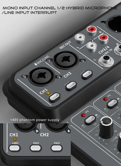 4-Channel Audio Mixer — USB Studio Mixer with 48V Phantom Power & Bluetooth for DJ & Karaoke