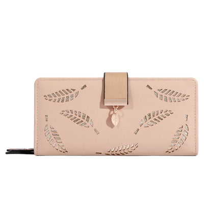 Women’s Long PU Leather Wallet – Gold Hollow Leaf Design Clutch Purse with Coin Pocket & Card Holders
