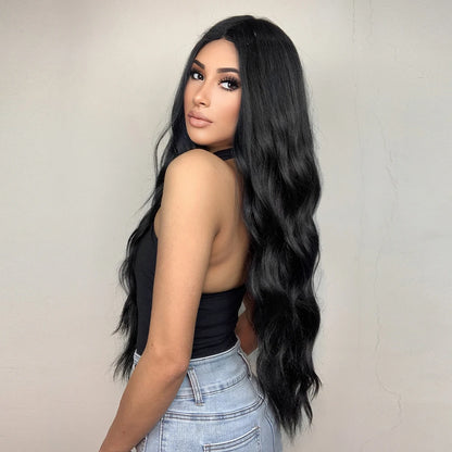 ALAN EATON Black Long Wavy Synthetic Wig – Natural Afro Hair, Middle Part, Heat-Resistant Fiber for Daily Use
