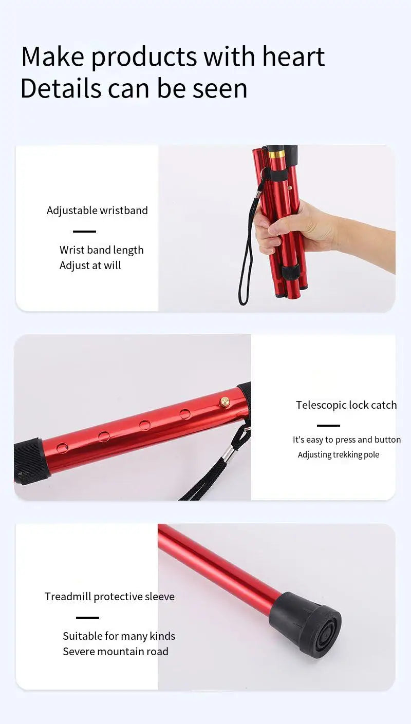 Outdoor Mountaineering Trekking Poles — 5-Section Telescopic Aluminum Alloy Folding Cane for Hiking & Climbing