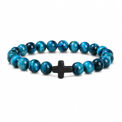 Natural Stone & Wood Bead Rosary Bracelet - Hematite Cross Meditation & Yoga Jewelry for Men & Women