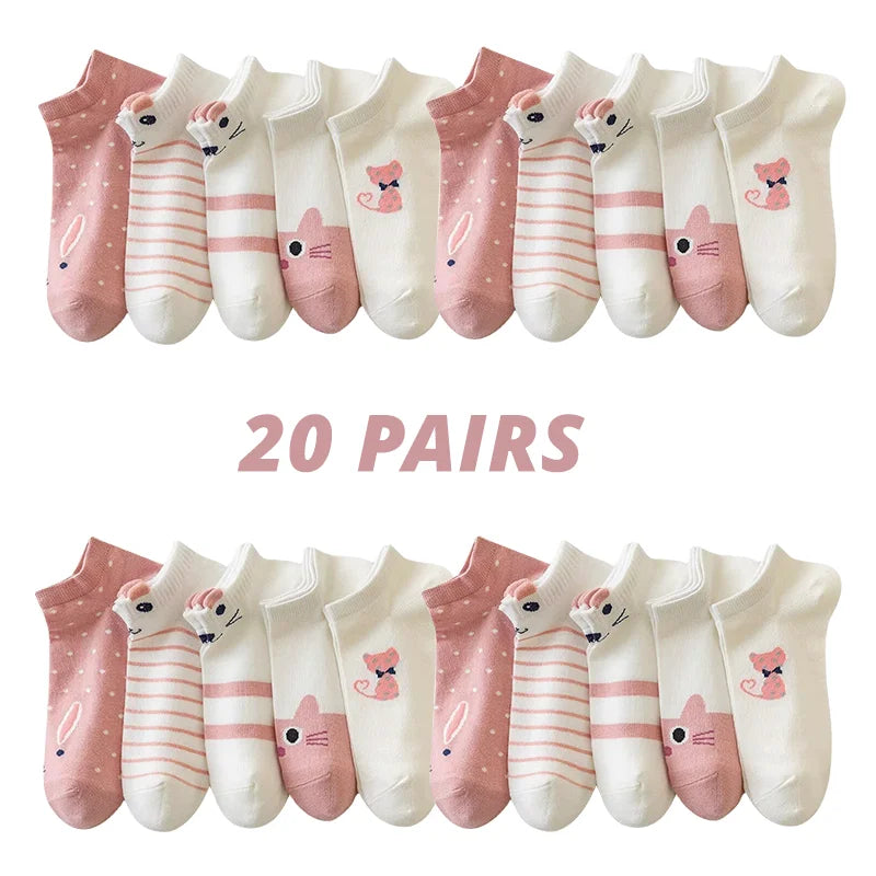 Women's Pink Cat Short Tube Socks - Cute Low Top Casual Socks, 5/10/20 Pairs