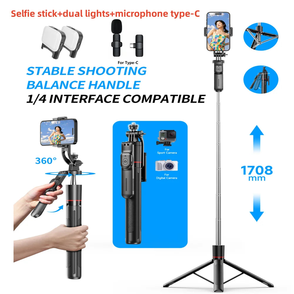 MEUYAG Selfie Stick Tripod – 1708mm Monopod with Fill Light, Bluetooth Remote, 360° Rotation & 1/4” Interface for Mobile Phones