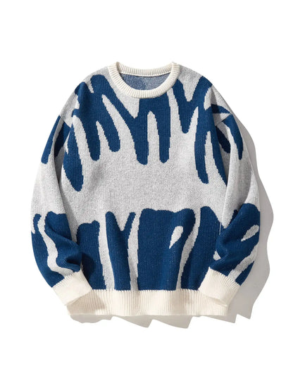 Men's Autumn Winter Jacquard Sweater - Irregular Pattern Contrast Color Round Neck Knitted Casual Pullover