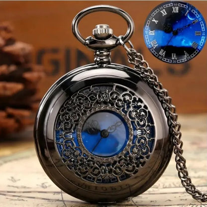 Starry Blue Dial Quartz Pocket Watch - Black & Silver Hollow Pendant Watch with Roman Numerals for Men, Women & Kids