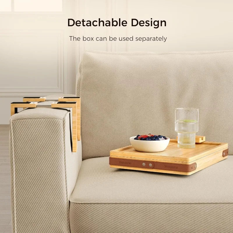 Black Sofa Armrest Tray with Storage Box – Couch Arm Table with 360° Rotating Top & Phone Stand
