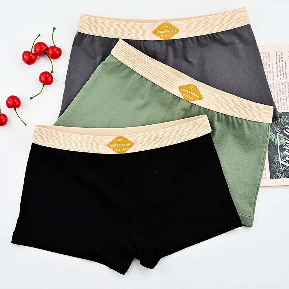 3PCS Women’s Cotton Boxer Underwear — Multicolor Solid Breathable Knit Panties, Soft High-Elastic Mid-Rise Boyshorts