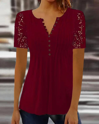 Women’s Summer Floral Lace V-Neck Blouse – Loose Fit Short Sleeve Casual Elegant Printed Fashion Shirt for Spring & Summer Wear