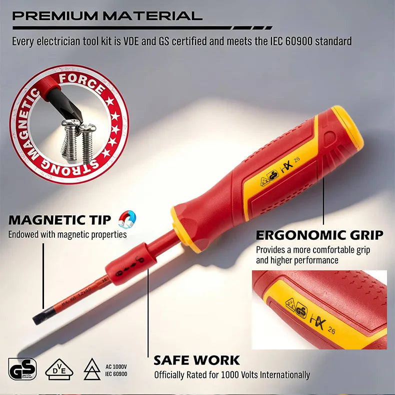 6-in-1 VDE Insulated Screwdriver Set - Quick-Change Slotted & Phillips Bit Kit