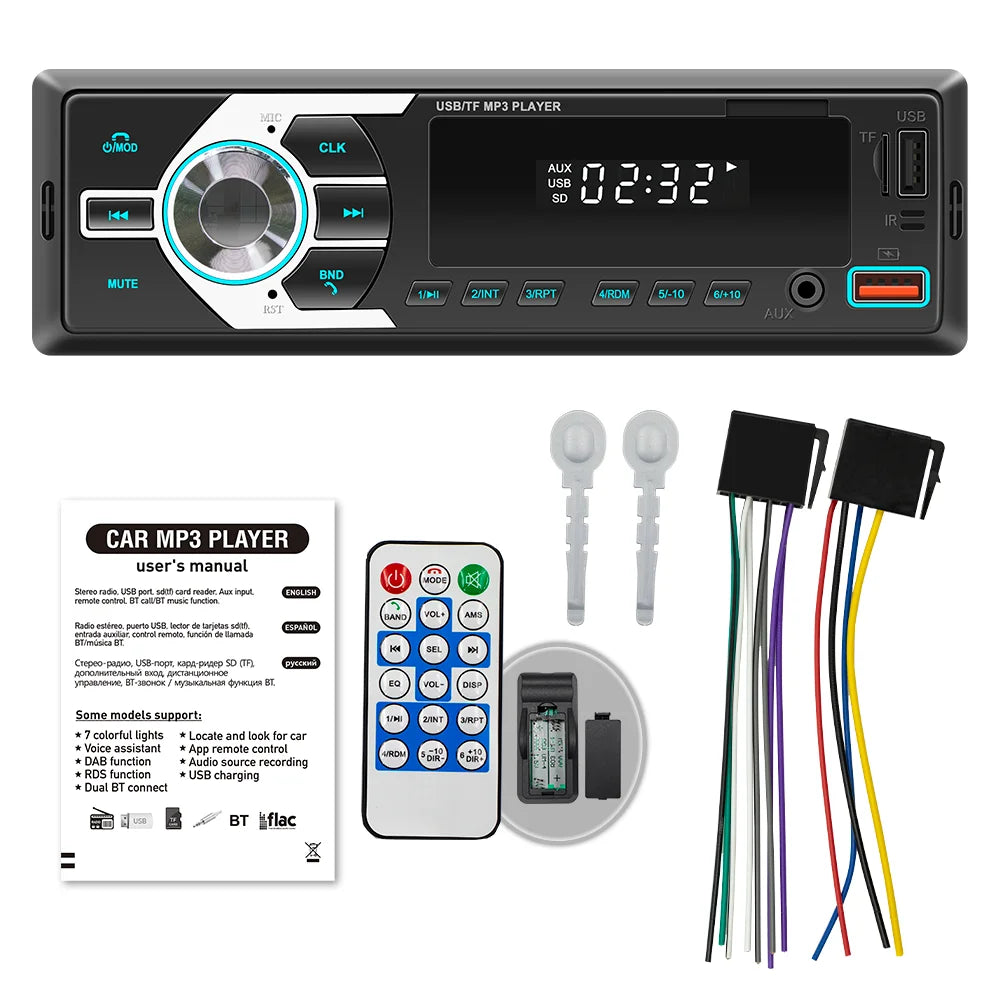 BQCC 1 Din Bluetooth Car Stereo - MP3 FM Radio with USB, TF, AUX, Dual USB & 7-Color LED Lights