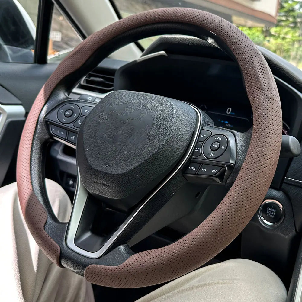 Universal Leather Steering Wheel Cover - Non-Slip Breathable Protector for 36-38cm Car Steering Wheels