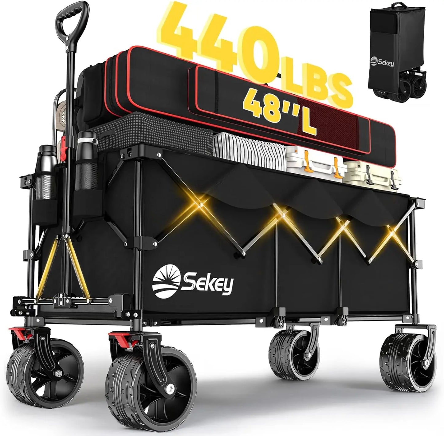 Sekey 48" Collapsible Folding Wagon — Heavy Duty 300L Utility Garden Cart with 440lbs Capacity