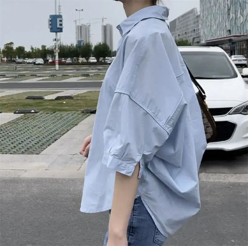 2025 Women’s Cotton Mid-Sleeve Loose Blouse – Casual Irregular Summer Shirt Korean Fashion