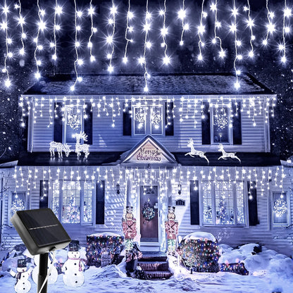 Solar Christmas Icicle Lights 162/96 LED – 8-Mode Waterproof Curtain String Lights for Outdoor, Garden & Holiday Decoration