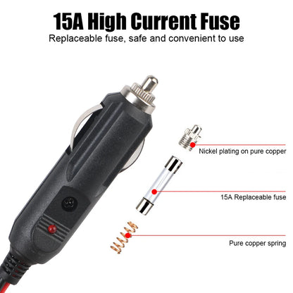 12V/24V Car Cigarette Lighter Socket Extension Cable – Crocodile Clip Power Cord with 15A Fuse & Male Plug Adapter Extender