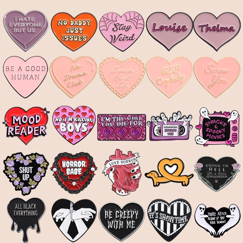 Pink Heart Brain Ghost Enamel Brooch – Gothic Retro Radio & TV Badge, Funny Punk Lapel Pin Jewelry Gift