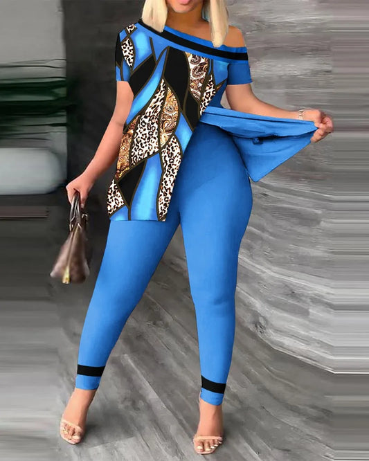 Elegant Women’s Two-Piece Set – Printed Ruffle Sleeve Top & Solid Color Pants with Belt
