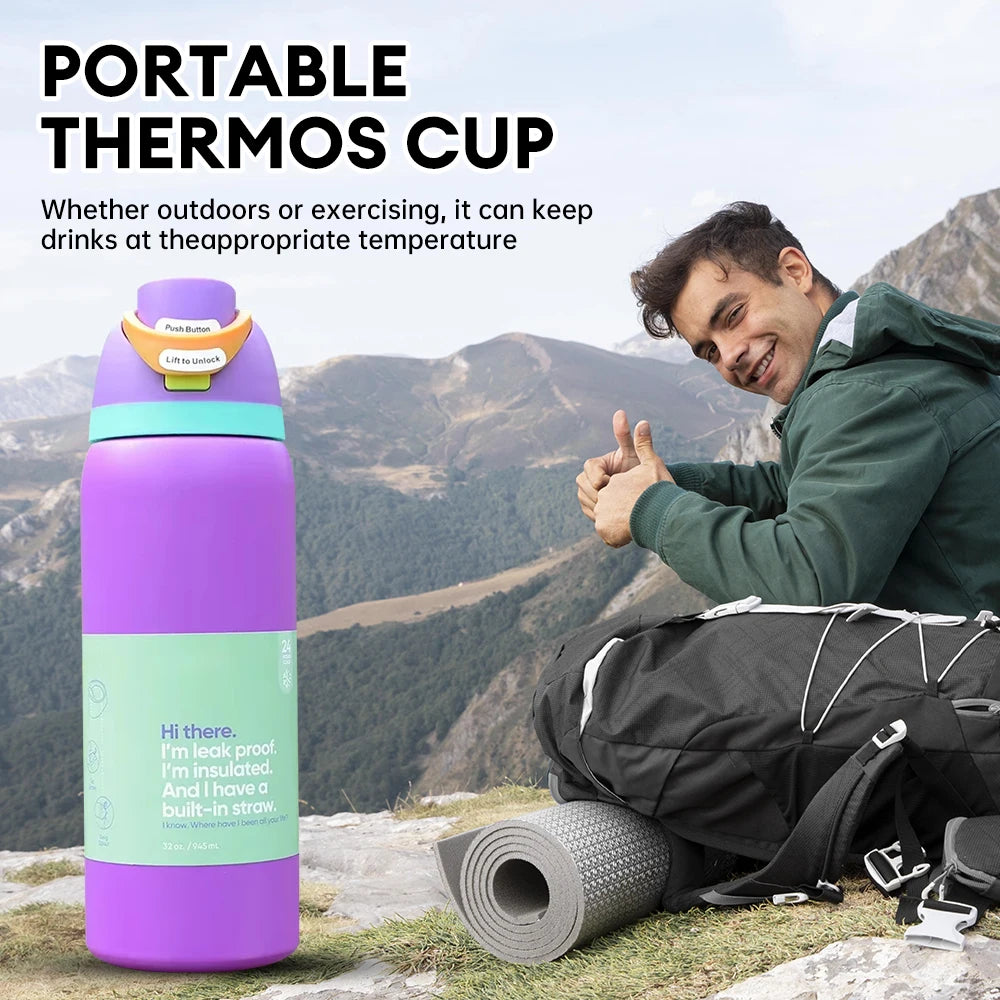 32oz Vacuum Insulated Stainless Steel Water Bottle with Straw – Thermal Cup for Outdoor Sports, Camping & Hiking