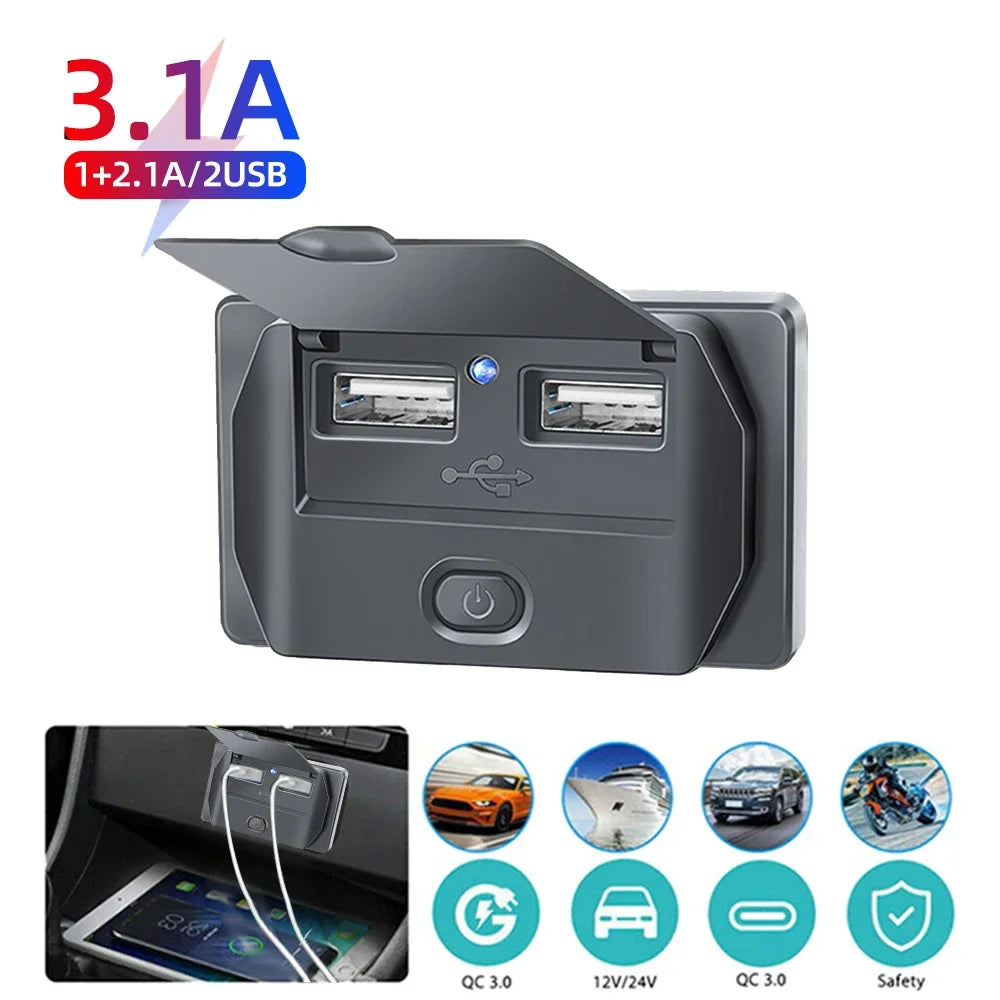 Car Charger Socket Adapter with Switch | 4-Port Charging Splitter for Bus, RV, ATV, Truck, Boat | 12V/24V PD, QC3.0