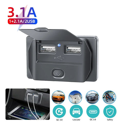 Car Charger Socket Adapter with Switch | 4-Port Charging Splitter for Bus, RV, ATV, Truck, Boat | 12V/24V PD, QC3.0