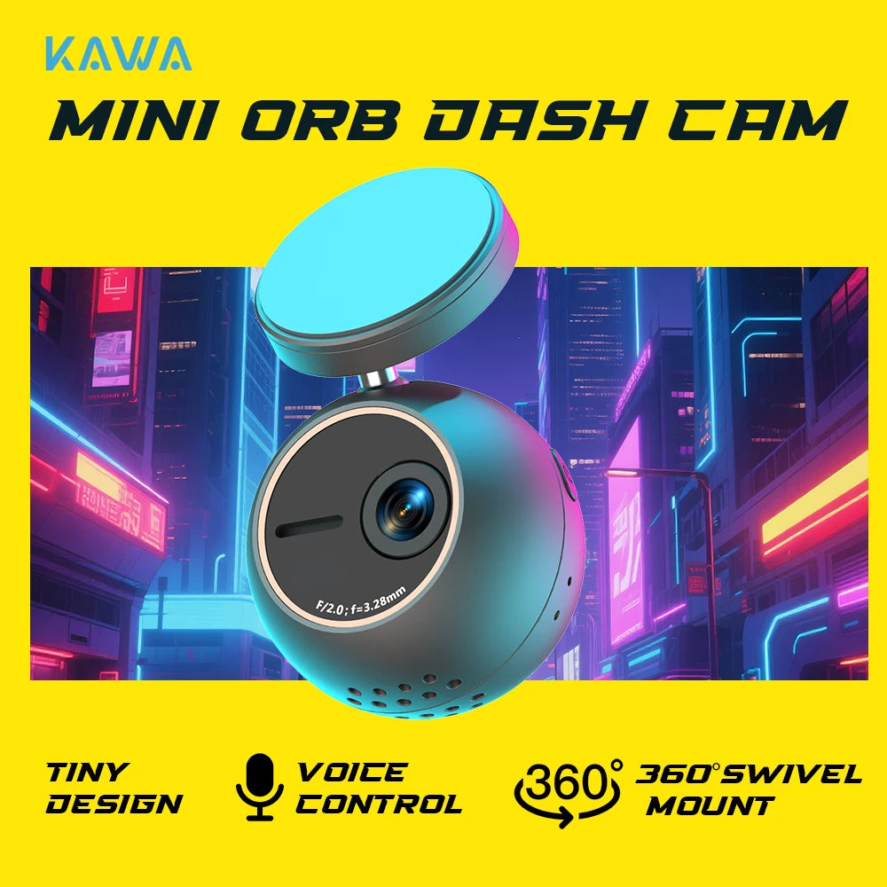 KAWA MINI ORB Dash Cam – 2K Tiny Car DVR with Voice Control, 360° Rotation & 180° Flip Video Recorder