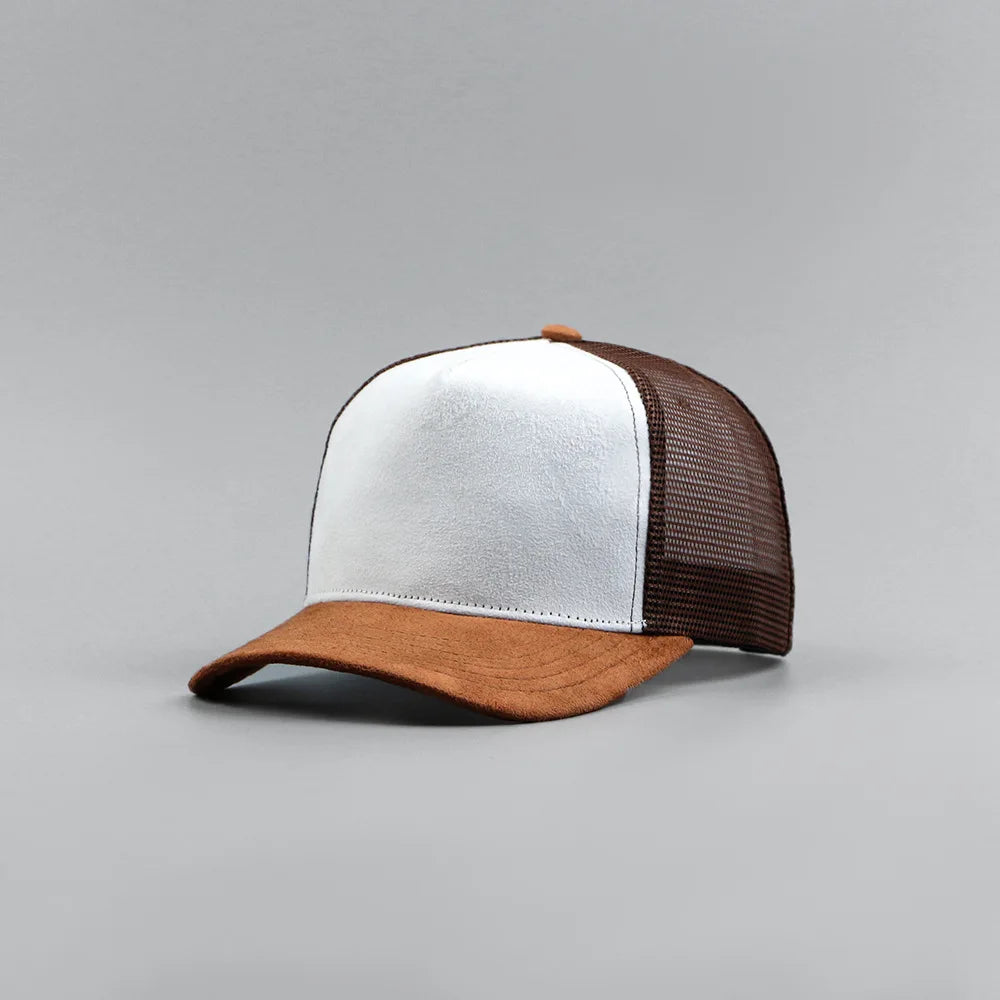Custom Logo Suede Five Panel Cap - Leather Label Mesh Trucker Hat for Men & Women