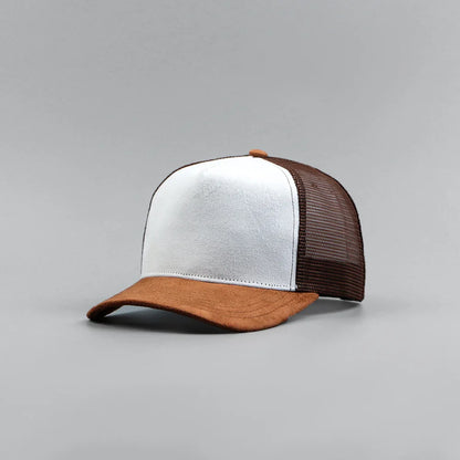 Custom Logo Suede Five Panel Cap - Leather Label Mesh Trucker Hat for Men & Women