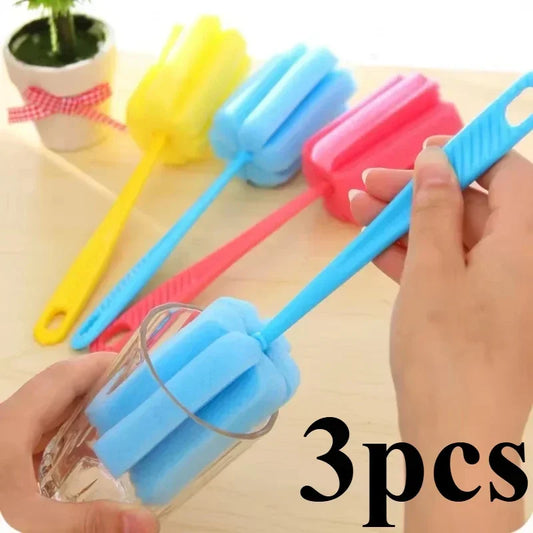 3pcs Cup & Bottle Cleaning Brushes — Sponge & Brush Set for Glass, Wine, Coffee & Tea Cups, Kitchen Cleaning Tool