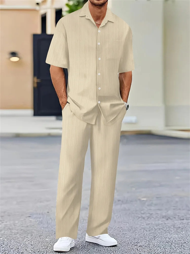 Men's Light Blue Striped Shirt Set - 3D Printed Casual Lapel Shirt for Autumn Outdoor Style